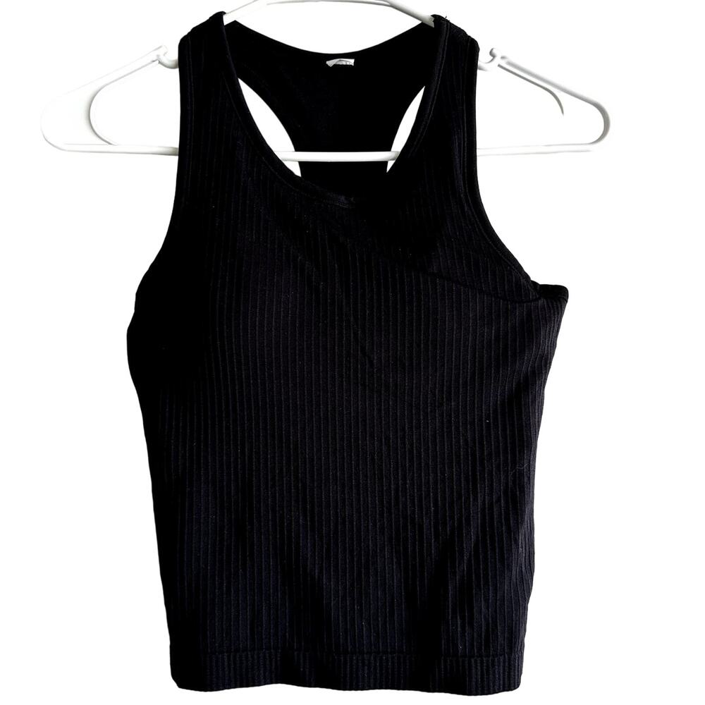 Alo Yoga Ribbed Crop Top Racerback Built in Sports Bra Workout Black XSmall